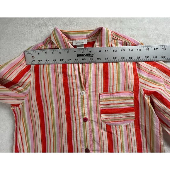 Natori Womens Striped Button-Down Shirt Top Small Red/Pink 3/4 Sleeve Pocket - Picture 5 of 7